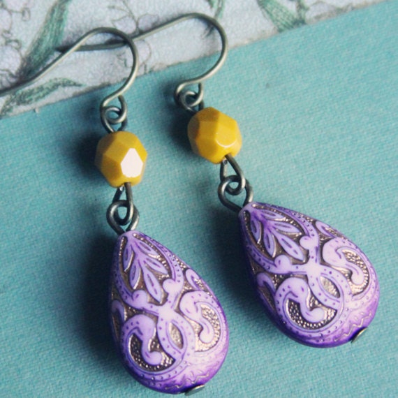 lavender and mustard teardrop earrings