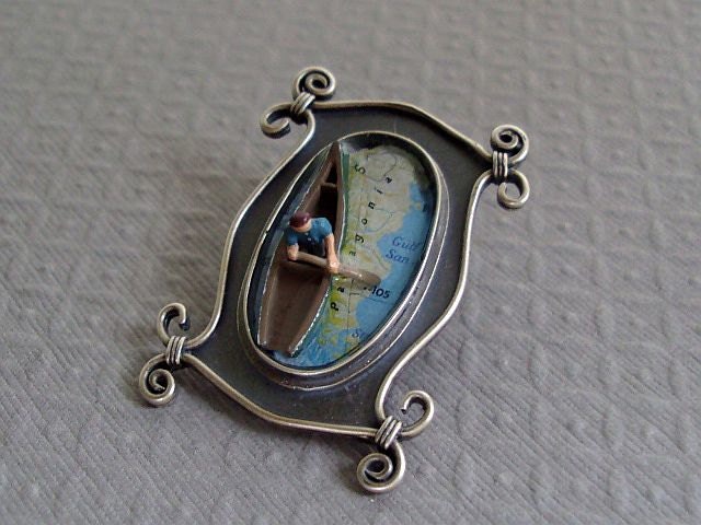 Map Brooch Paddling to Patagonia   3D Scene Stealer in Sterling and Resin Tiny Canoe and People