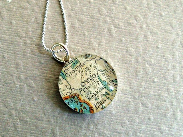 Map Necklace Oslo Norway Sterling Silver Vintage Atlas