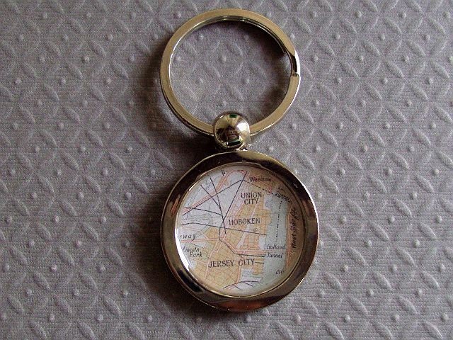 Map Key Ring Hoboken Jersey City Union New Jersey Stainless Steel Vintage Atlas Ready to Ship