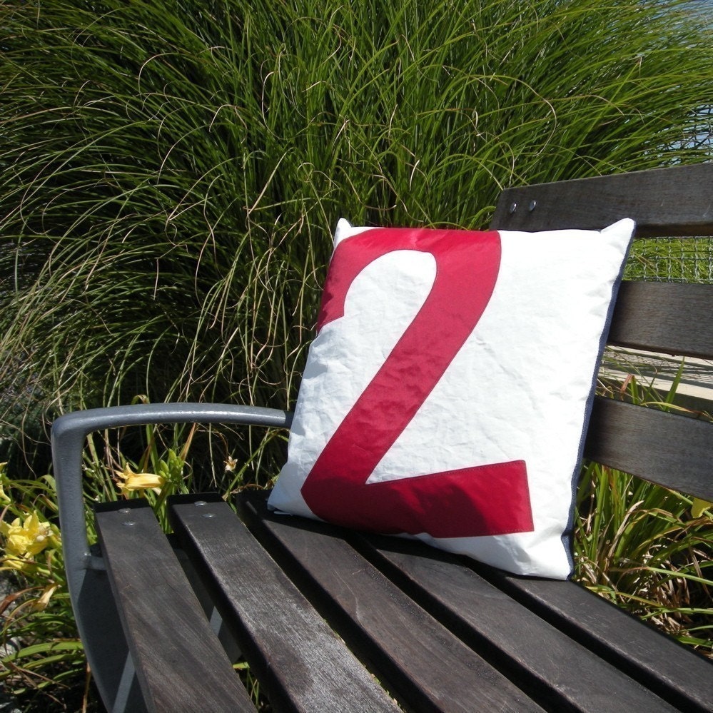 Nautical decor recycled sail pillow - Red Number 2