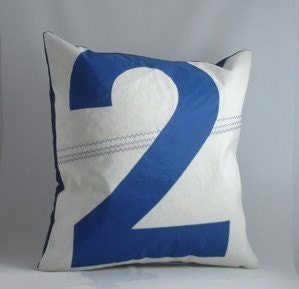 Nautical decor recycled sail pillow - Blue Number 2