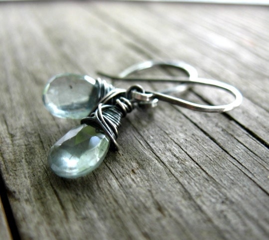 Moss Aquamarine Earrings - Oxidized Sterling Silver Wire Wrapped , Blue Briolette, Gray, Gemstone