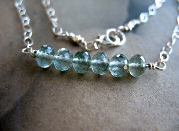 Moss Aquamarine Necklace - Sterling Silver Wire Wrapped Gemstone, Blue Gemstone, March Birthday