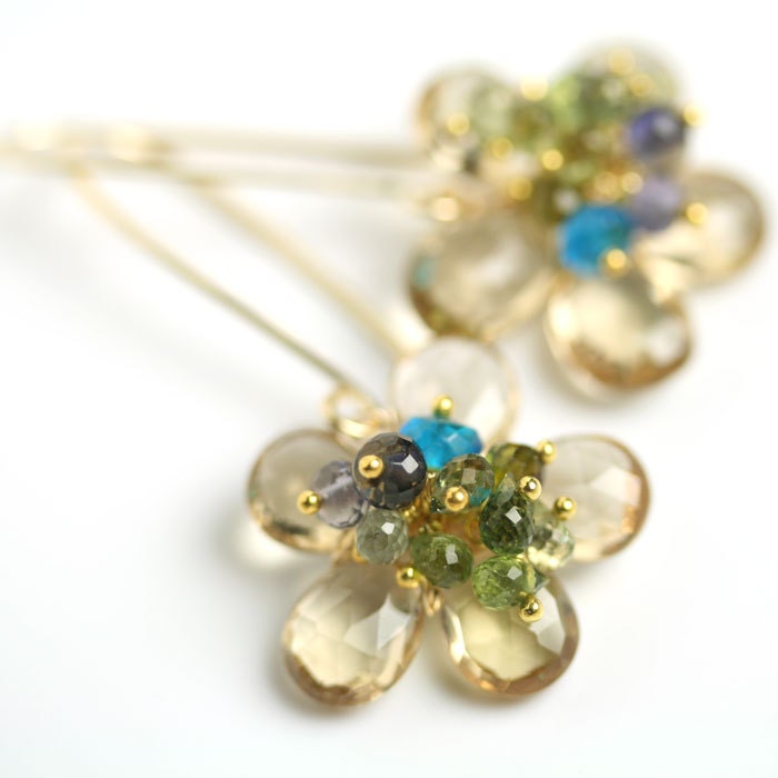 Flower Earrings Gemstone Cluster Dangle Wire Wrapped