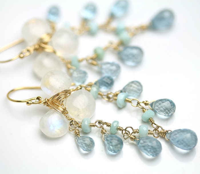 Moon Shimmer Chandelier Earrings Rainbow Moonstone Aquamarine Larimar Gold Fill