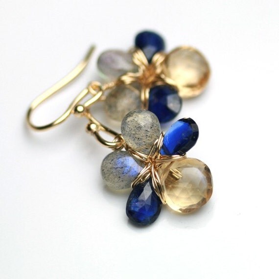 Royal Blue Kyanite, Champagne Citrine and Labradorite Flower Earrings