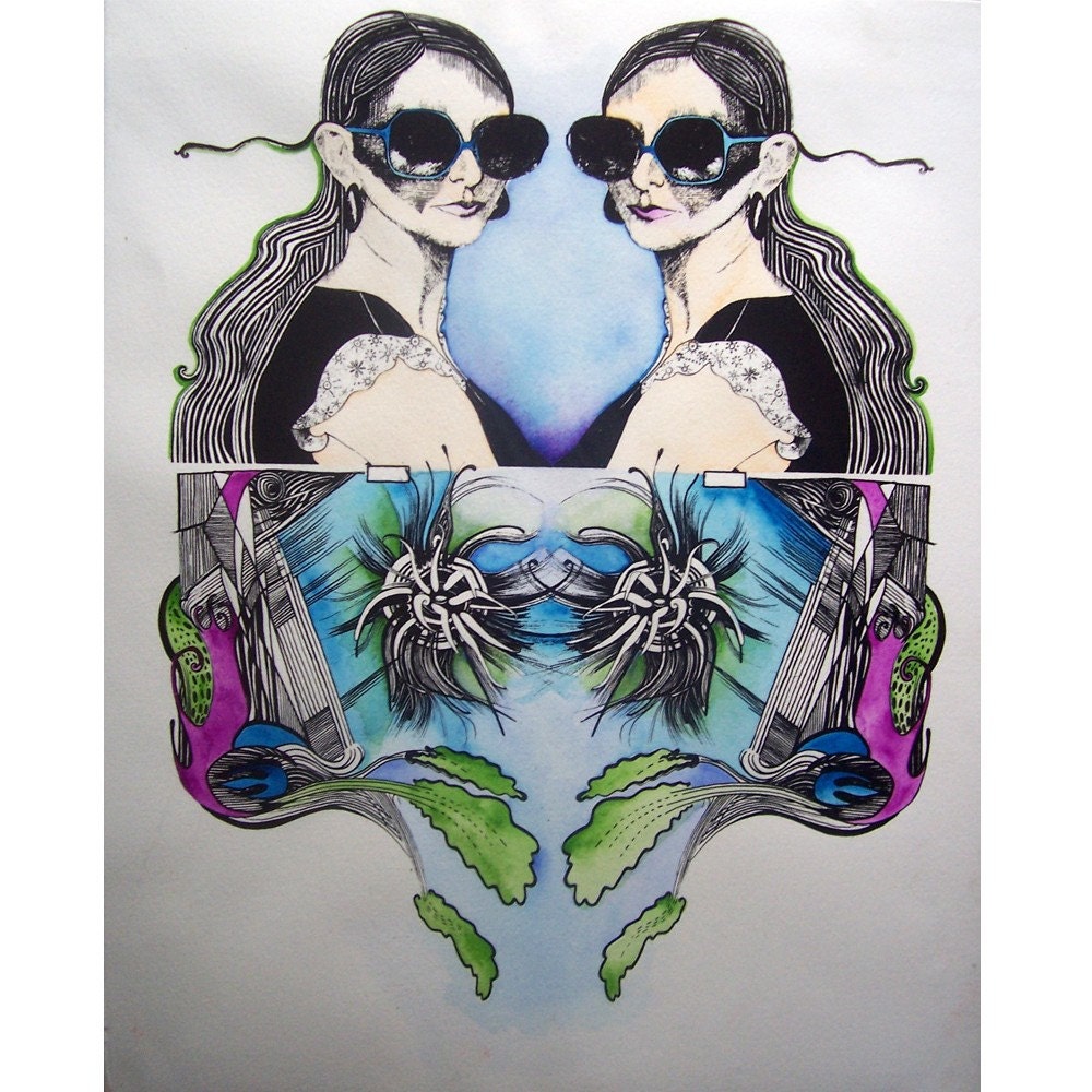 Mixed Media Silkscreen Print Watercolor Girl Sunglasses