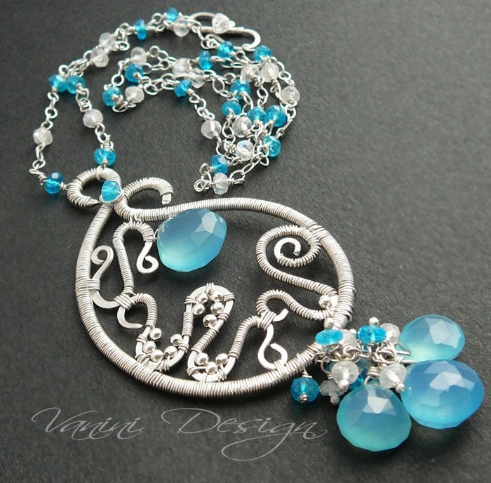 SALE - 50 Percent OFF- Sterling silver, sky blue chalcedony ,neon blue apatite and rainbow moonstone necklace