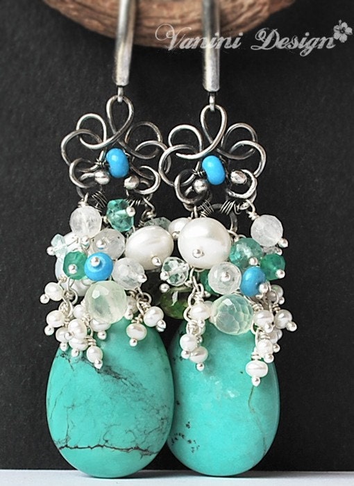 50 Percent OFF-Avalanche de perles-Turquoise,peridot,prehnite,apatite,pearls,Fine999 and sterling silver earrings