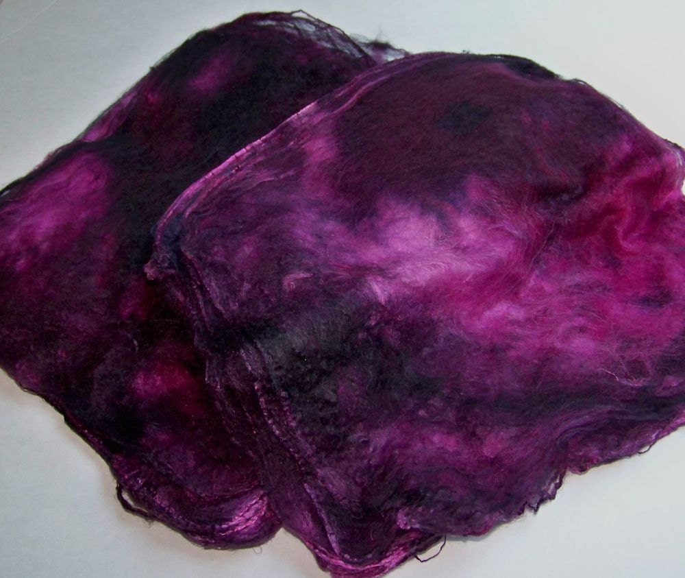Hand Dyed Silk Fiber Mawata Silk Hankies for Spinning or Knitting -- Wild BlackBerry (10grams)