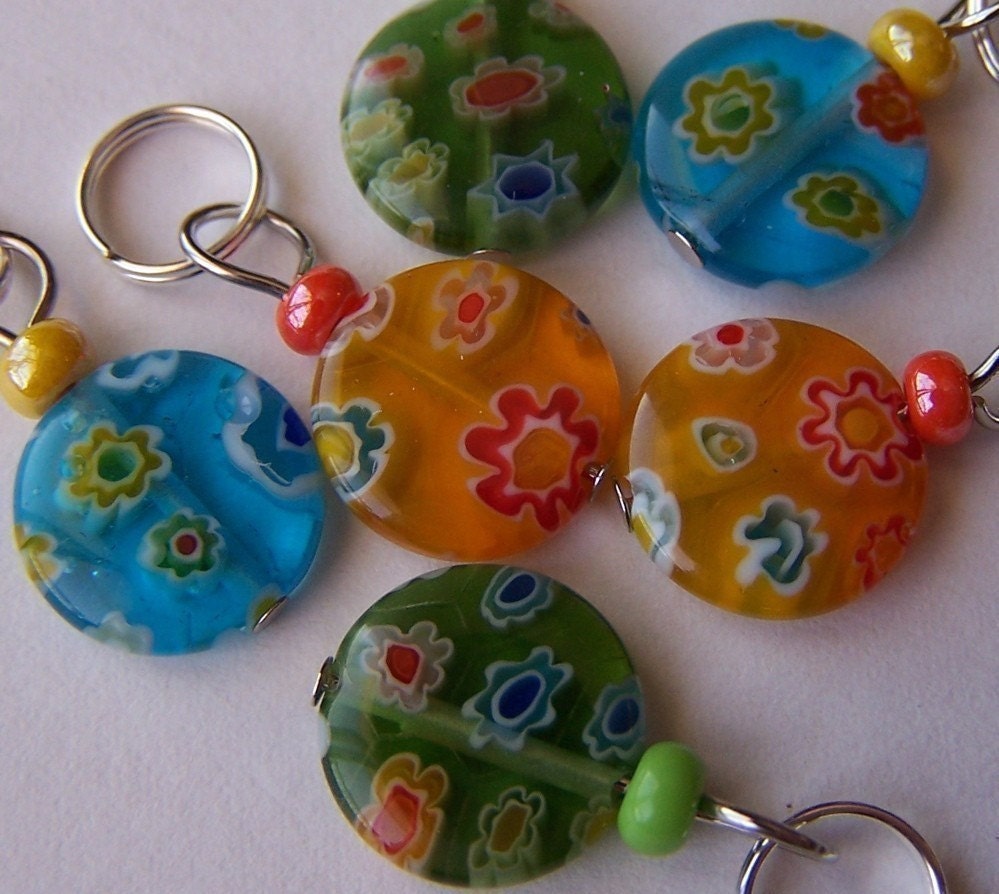 Hand Made Stitch Markers Plus a Mystery Marker -- Millefiori Glass Coins (Summer Assortment)