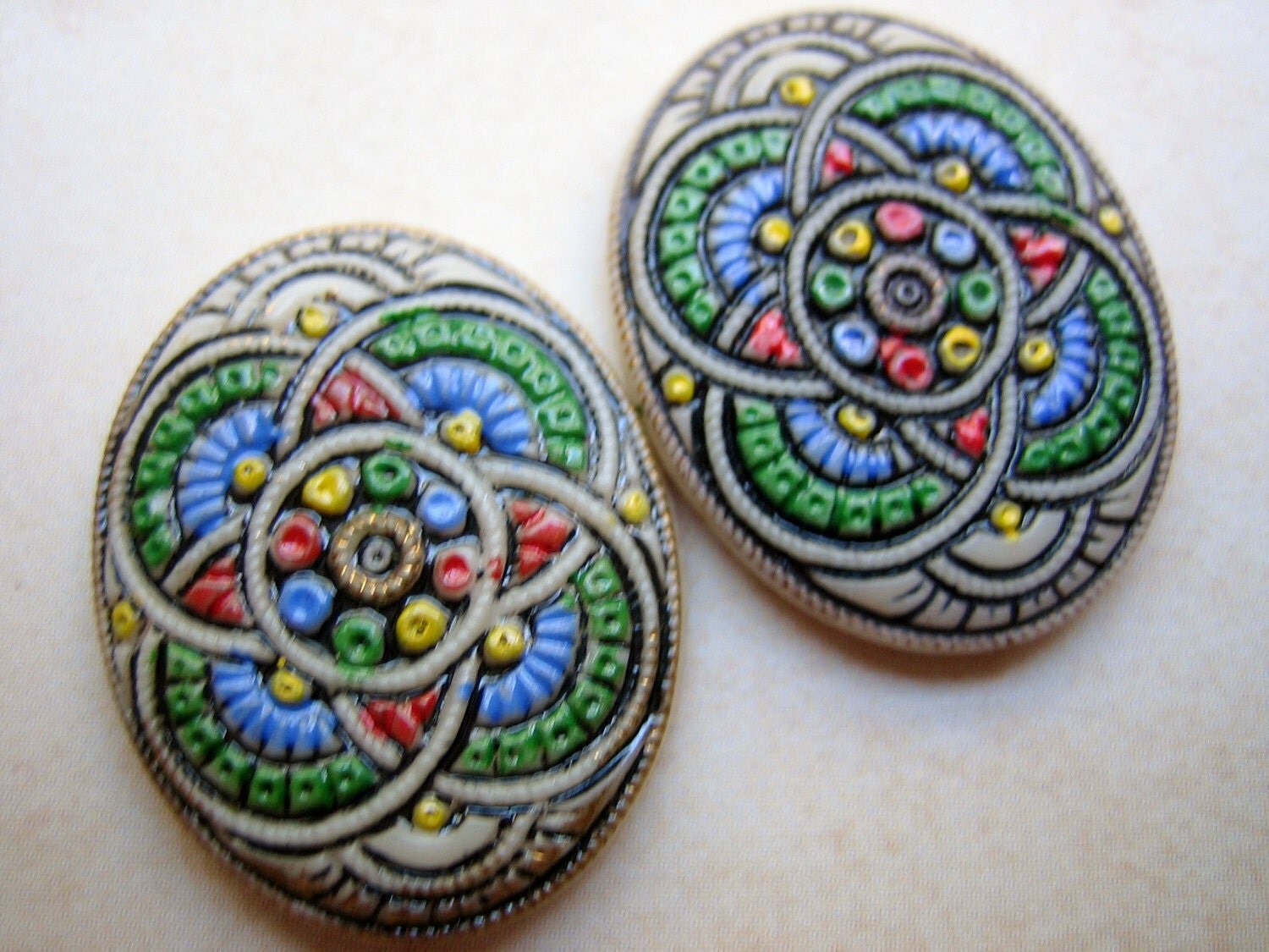 vintage mosaic glass cab stone tile carved multi color oval (2)