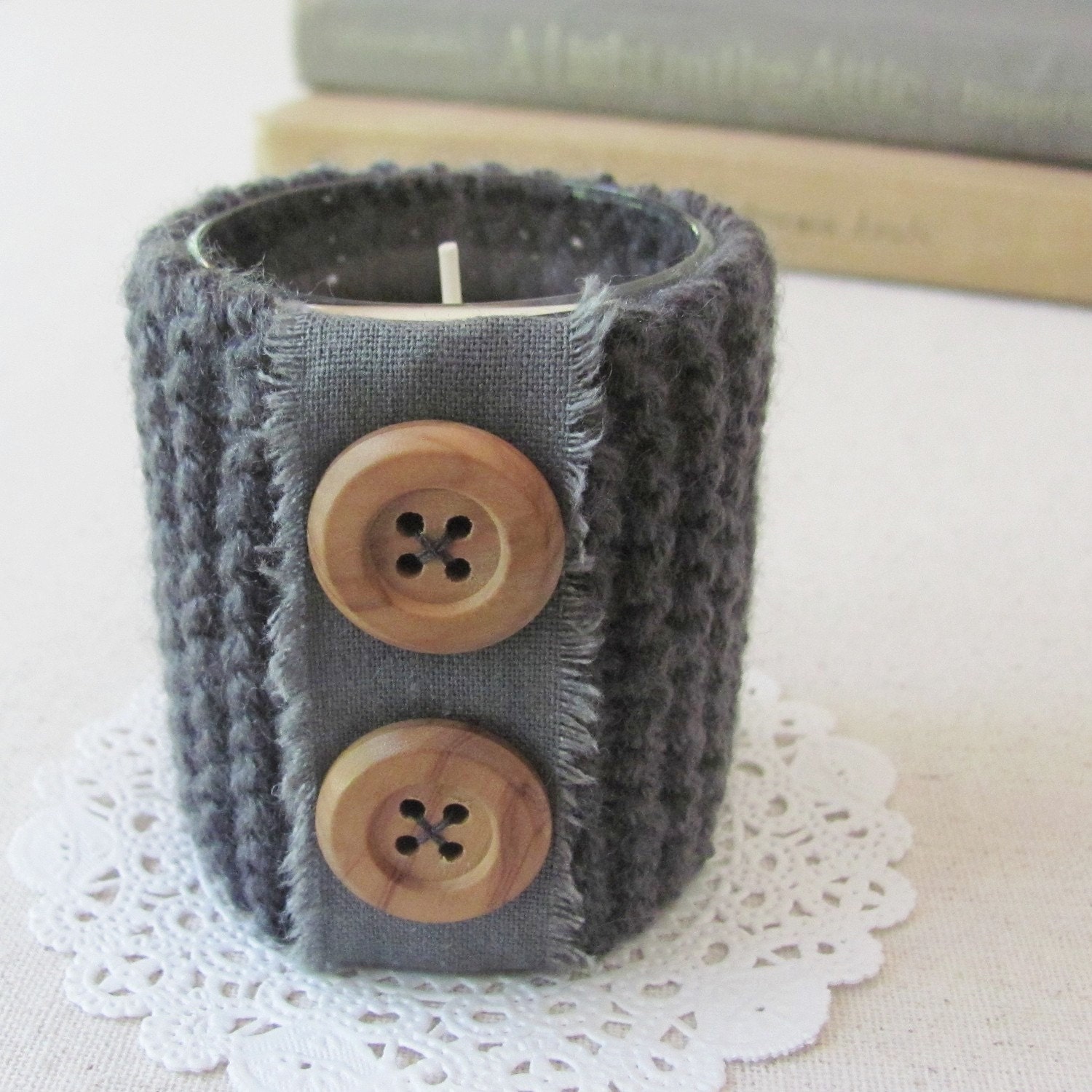 Knit Candle Holder- handmade with linen trim and wooden buttons