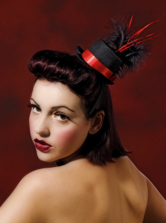 Mini Top hat with red satin ribbon and bow with black and red feathers, bridal fascinator, wedding fascinator,wedding hat
