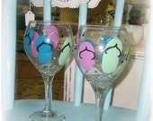 Set of 2 Large Hand Painted Flip Flop Wine Glasses Seaside Beach Decor