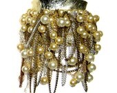 Gold Leather Cuff Bracelet Draped With Chains and Pearls - by UNEARTHED