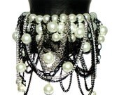 Black Leather Cuff Bracelet with Pearls and Chains - by UNEARTHED