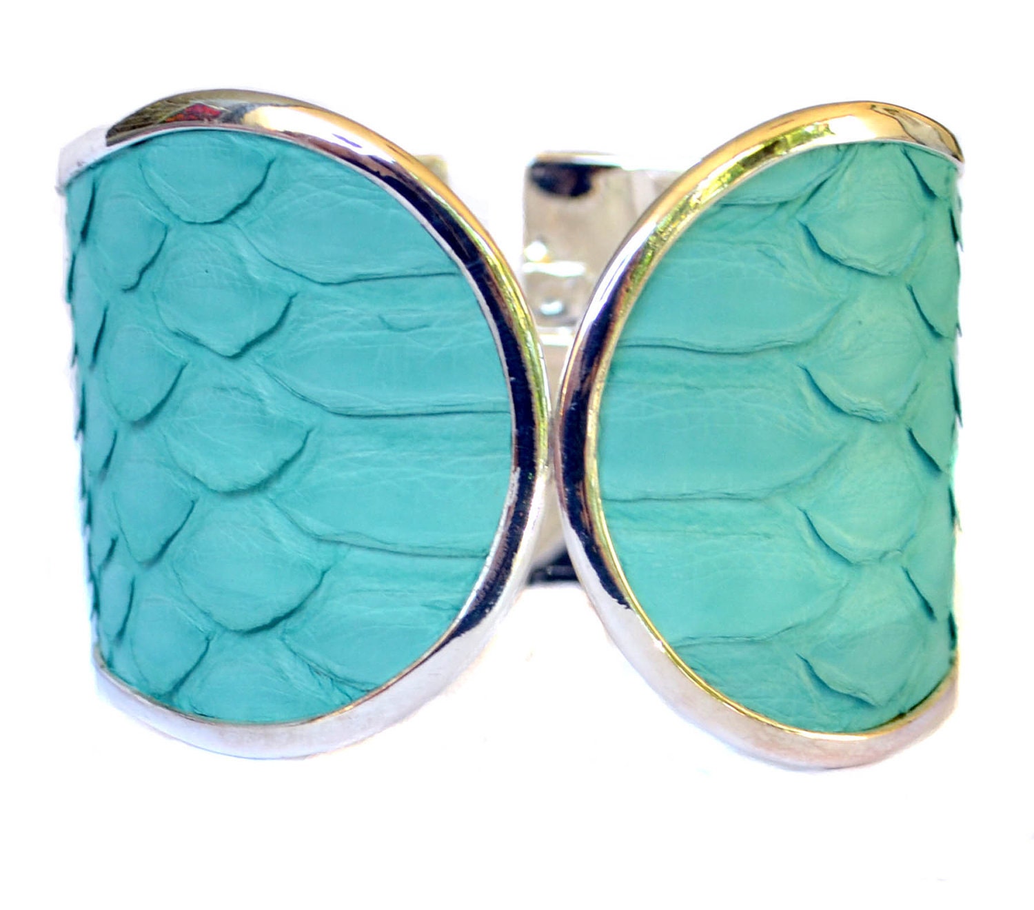 Matte Finish Aqua Snakeskin Silver Capped Cuff - by UNEARTHED