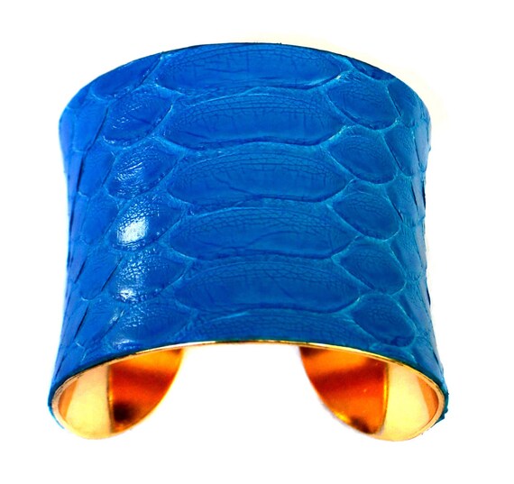 Bright Blue Snakeskin Gold Lined Cuff Bracelet - by UNEARTHED