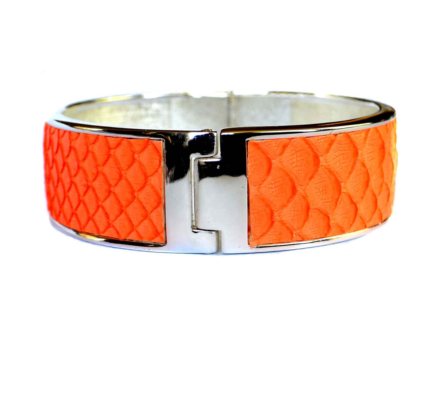 OOAK Fluorescent Orange Matte Snakeskin Silver Capped Bangle - by UNEARTHED