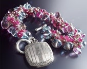 Statement Bracelet with Hot Pink Tourmaline, Plum Quartz, Blue Topaz, and Vintage Art Deco Locket Charm