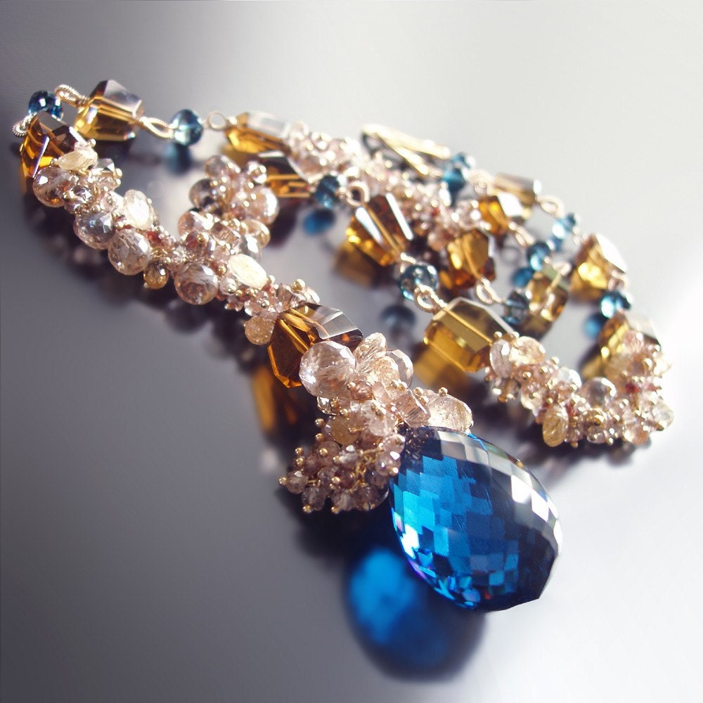 SALE - 25% OFF - London Blue Topaz Statement Necklace With Champagne Topaz, Imperial Topaz, Golden Rutilated Quartz