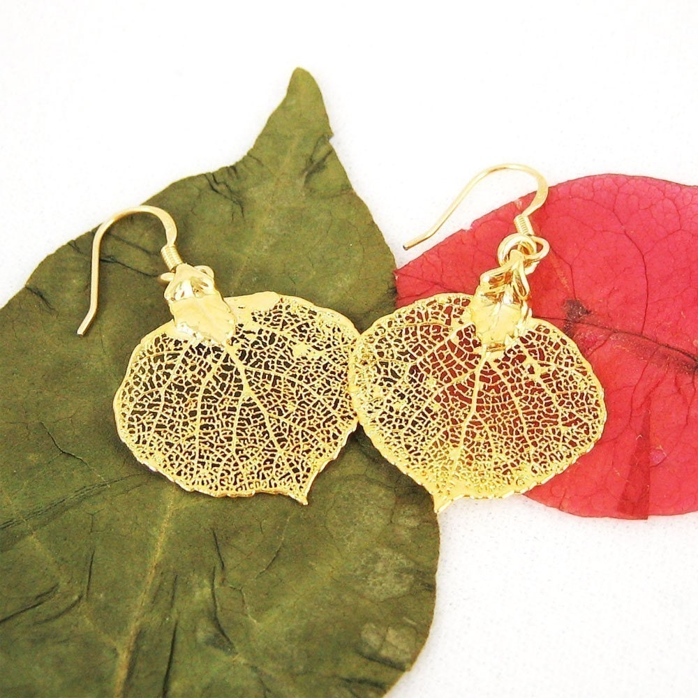 Gold Leaf Earrings on Gold Aspen Leaf Earrings 24k Gold By Distinquejewelry On Etsy