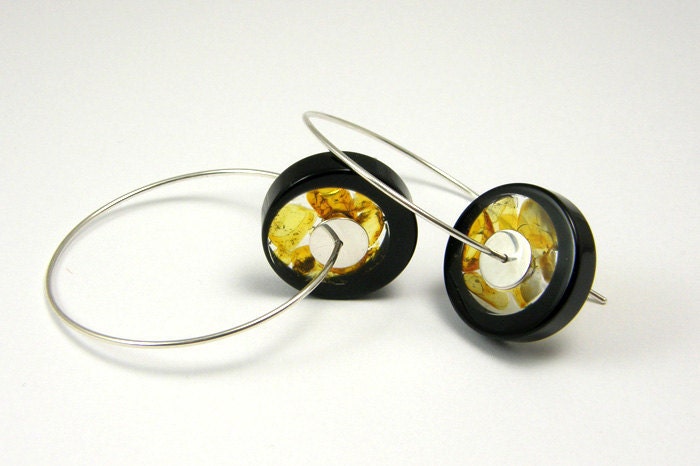 Amber Black Earrings, Sterling Silver Resin Earrings With Baltic Amber
