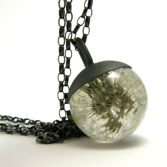 Dandelion Resin and Silver Necklace, Small Dandelion pendant, dandelion necklace