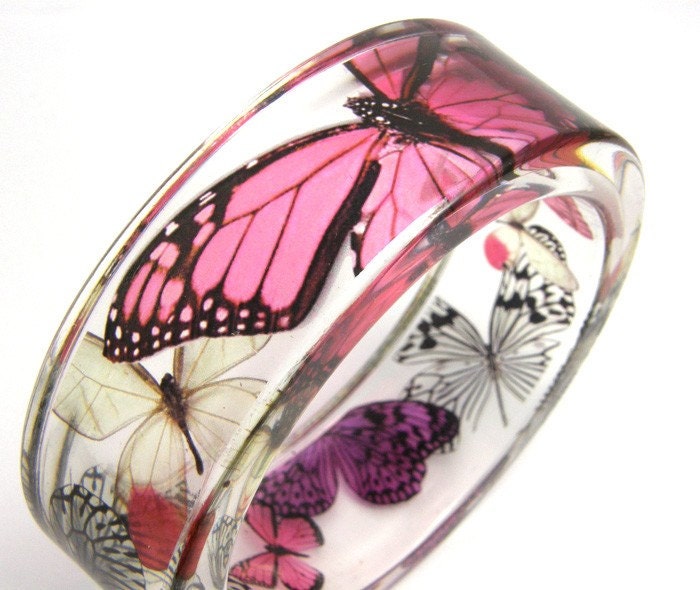 Fuchsia, pink and Purple Butterflies Resin Bangle