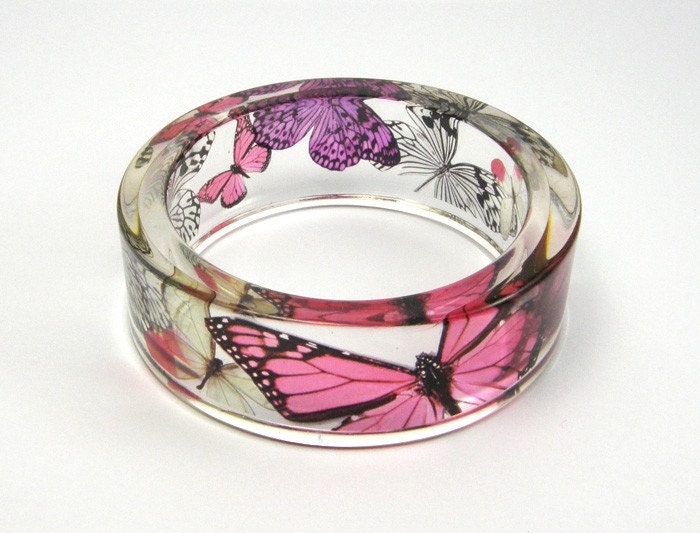 Fuchsia, pink and Purple Butterflies Resin Bangle