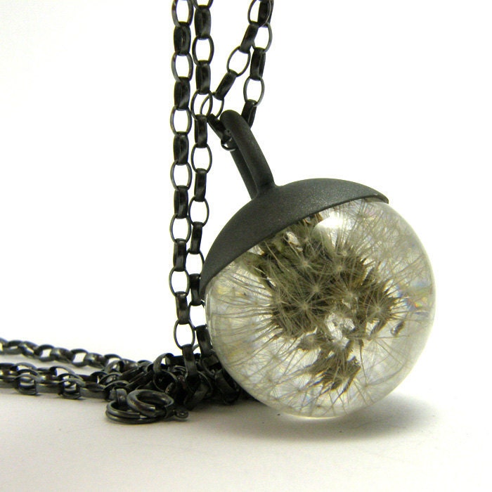 Dandelion Resin and Silver Necklace, Small Dandelion pendant, dandelion necklace