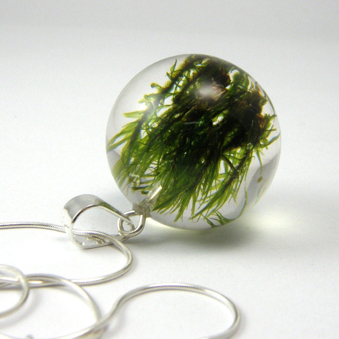Green Moss Resin and Silver Necklace, Small Moss pendant