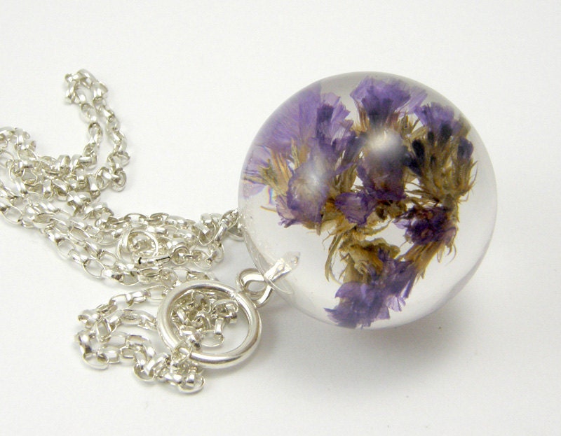 Resin Necklace with Purple Flowers, Floral Necklace