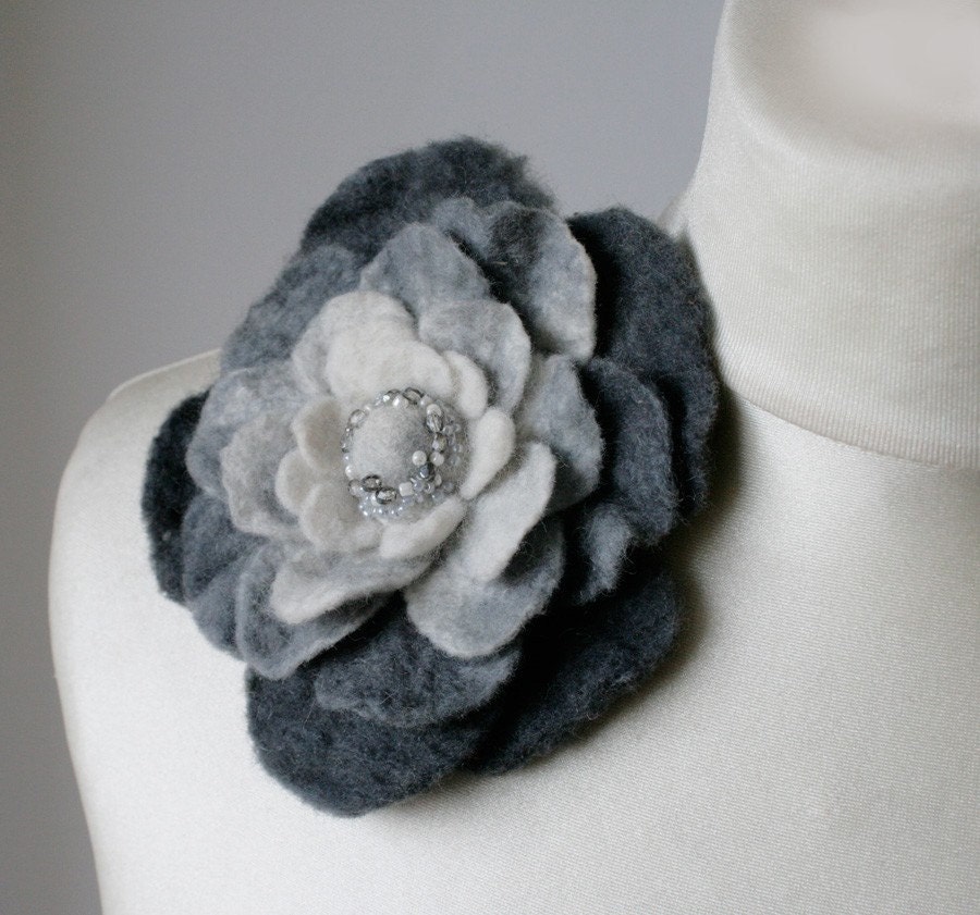Fine Monochrome Light Rose -- Felt Flower Brooch -- Hand felted wool -- Size Medium