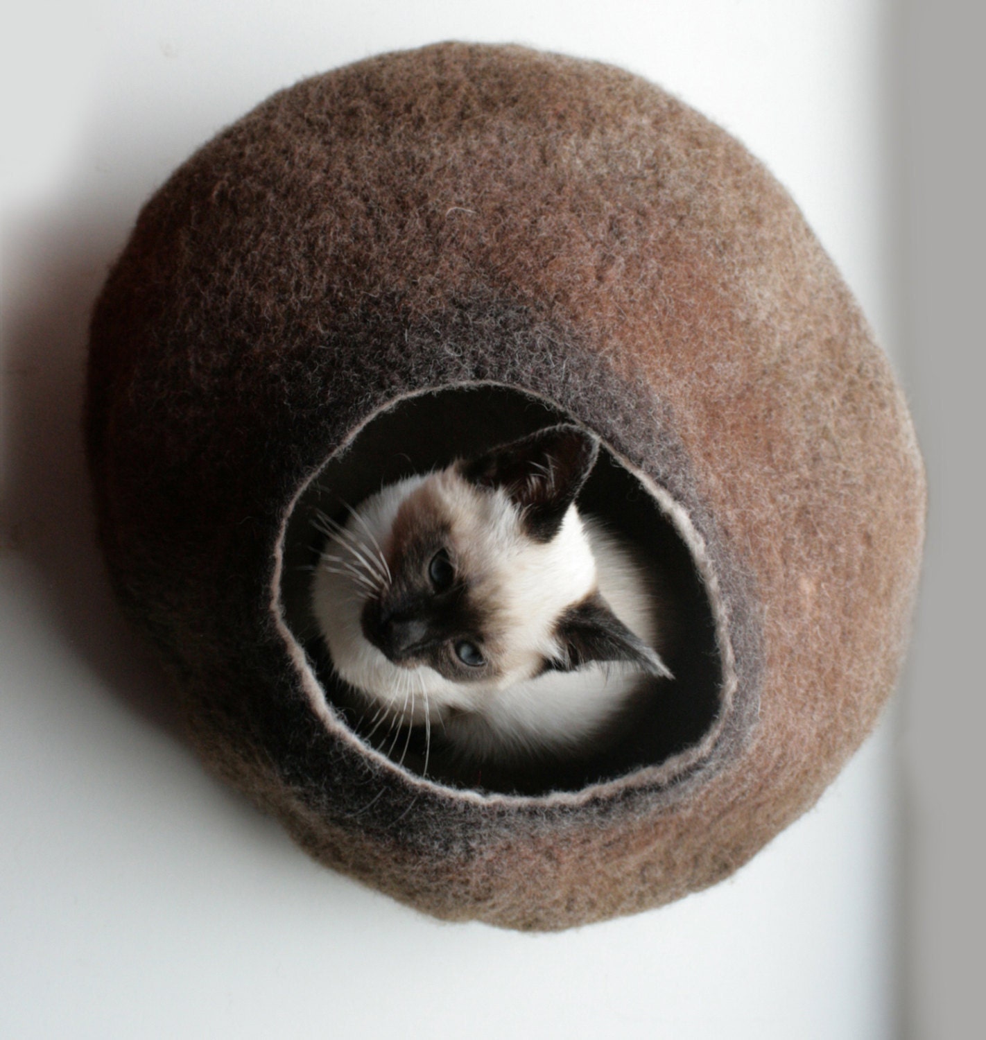 Cat Nap Cocoon / Cave / Bed / House / Vessel - Hand Felted Wool - Crisp Contemporary Design - READY TO SHIP Warm Brown Bubble