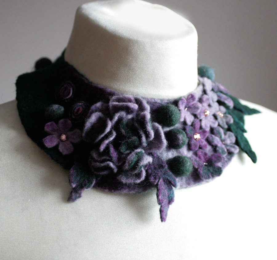 Frida Kahlo inspired Lavender Teal Meadow -- Felted Neck Piece -- made from wool
