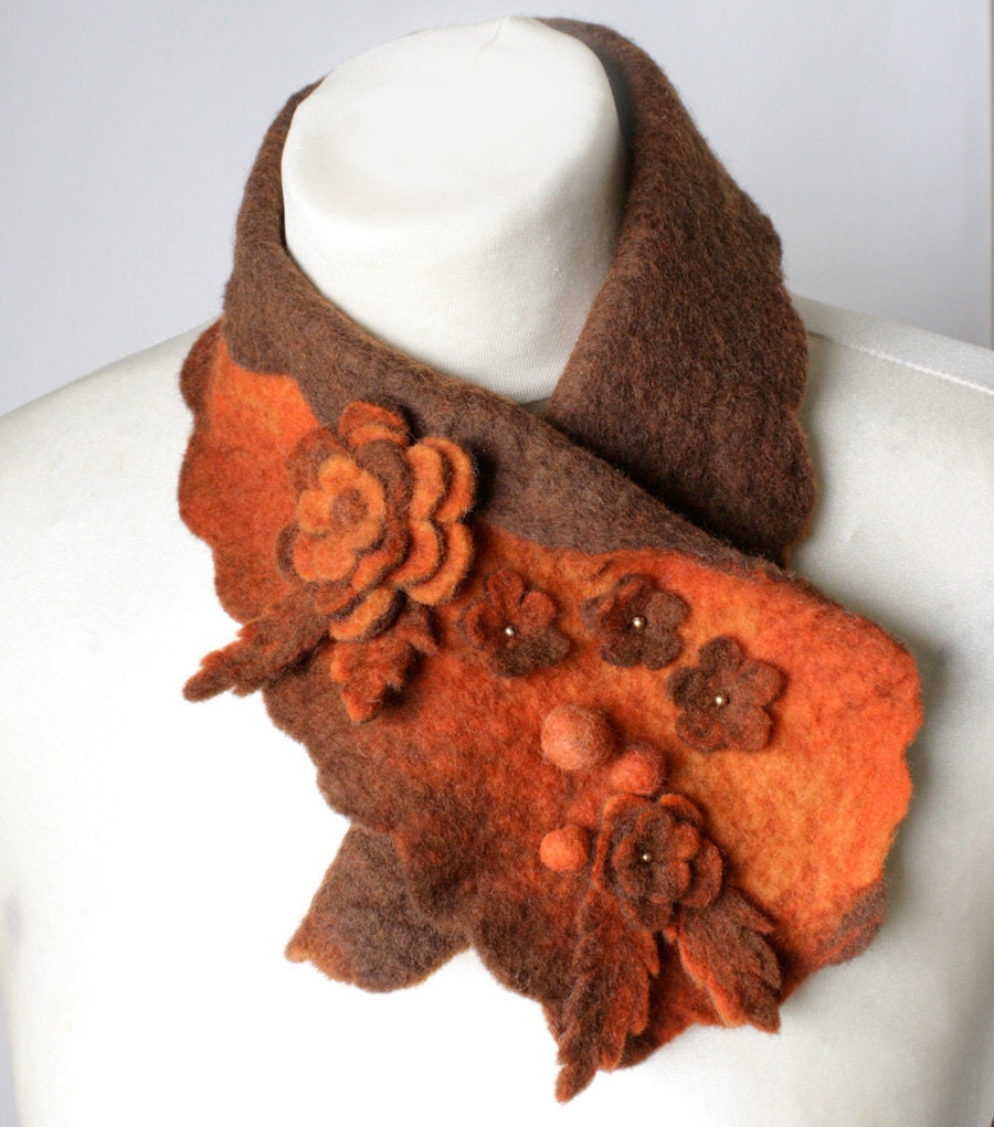 Orange Scarfette -- Felted Neck Piece -- made from wool