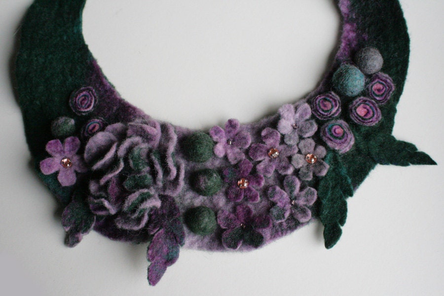 Frida Kahlo inspired Lavender Teal Meadow -- Felted Neck Piece -- made from wool
