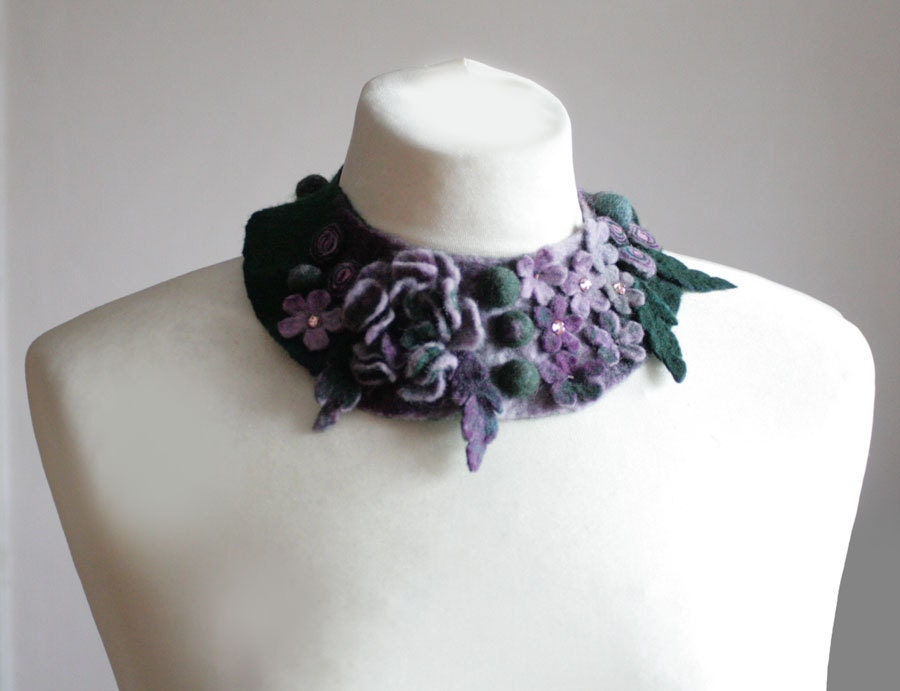 Frida Kahlo inspired Lavender Teal Meadow -- Felted Neck Piece -- made from wool