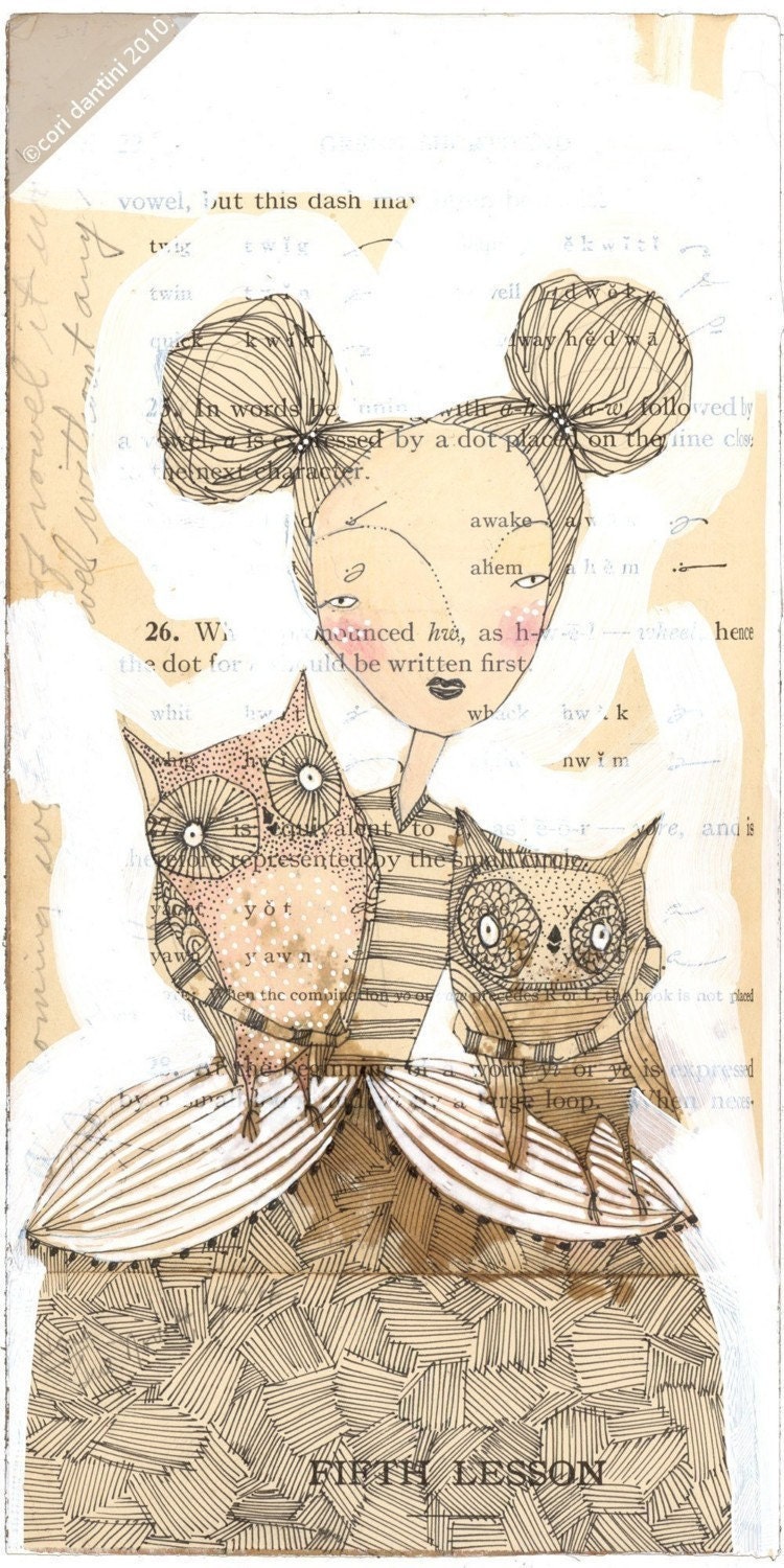 whimsical painting of a girl holding owls - portrait - ink -5 x 10 limited edition archival print by cori dantini