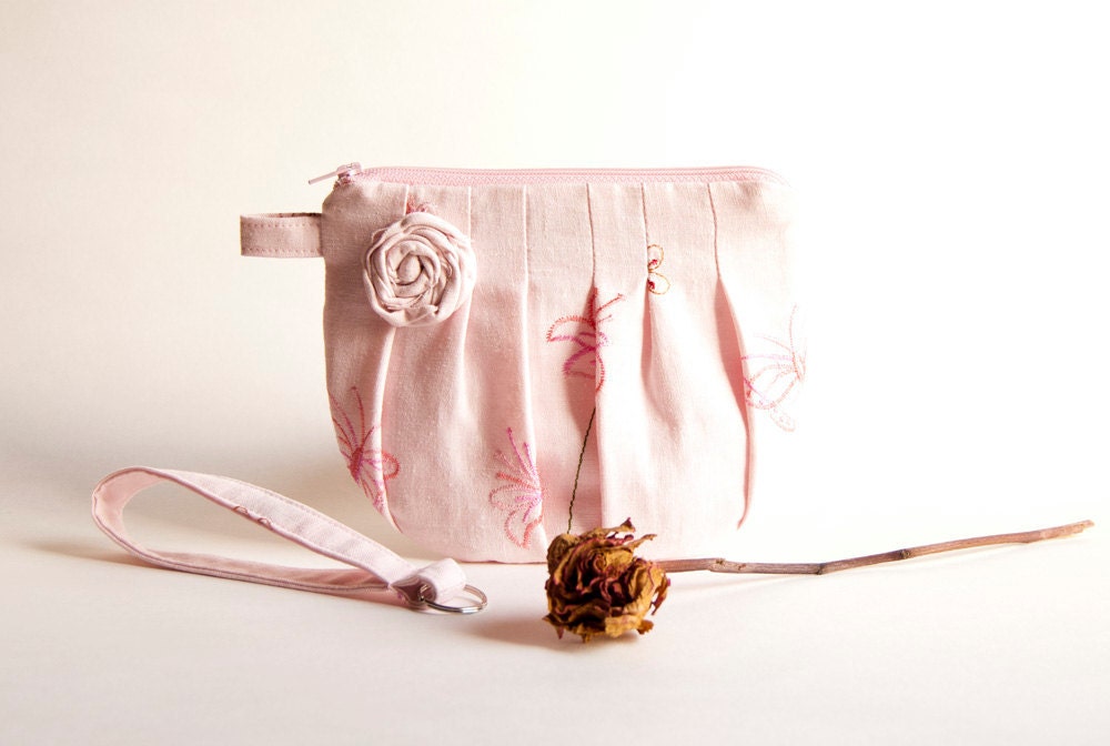 Pleated Zippered Clutch, Bridal Party Gift Clutch, Wedding clutch wristlet pouch purse Light Pink Rosebud Bridesmaid Gift Idea by Lolos