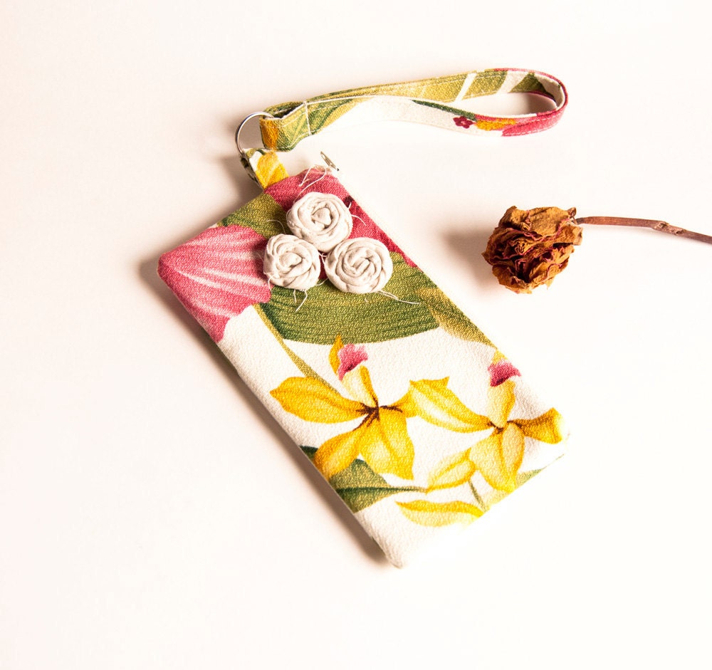 Cosmetic Clutch Bag, Wedding Bridal Wristlet, Purse, Clutch Ivory green pink yellow Roses by Lolos