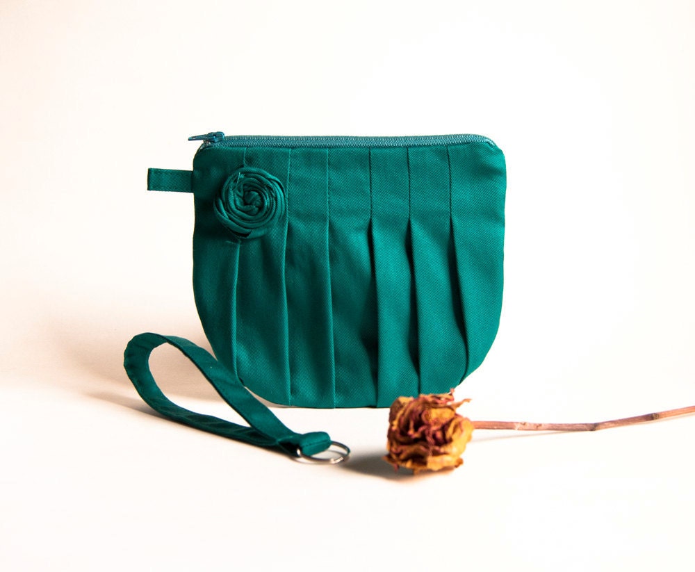 Pleated Wristlet Clutch Blue teal Rosebud Bridal Wedding Clutch Bridesmaid Clutch, Pouch, Wristlet, Purse  by Lolos