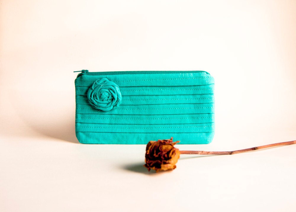 Fabric wallet Green Turquoise Rose Bridal Wedding bridesmaid pleated Clutch Pouch Purse by Lolos