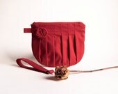 Cosmetic clutch wristlet bag pleated bridesmaid wristlet clutch Bridal Wedding Clutch purse Red rosebud by Lolos