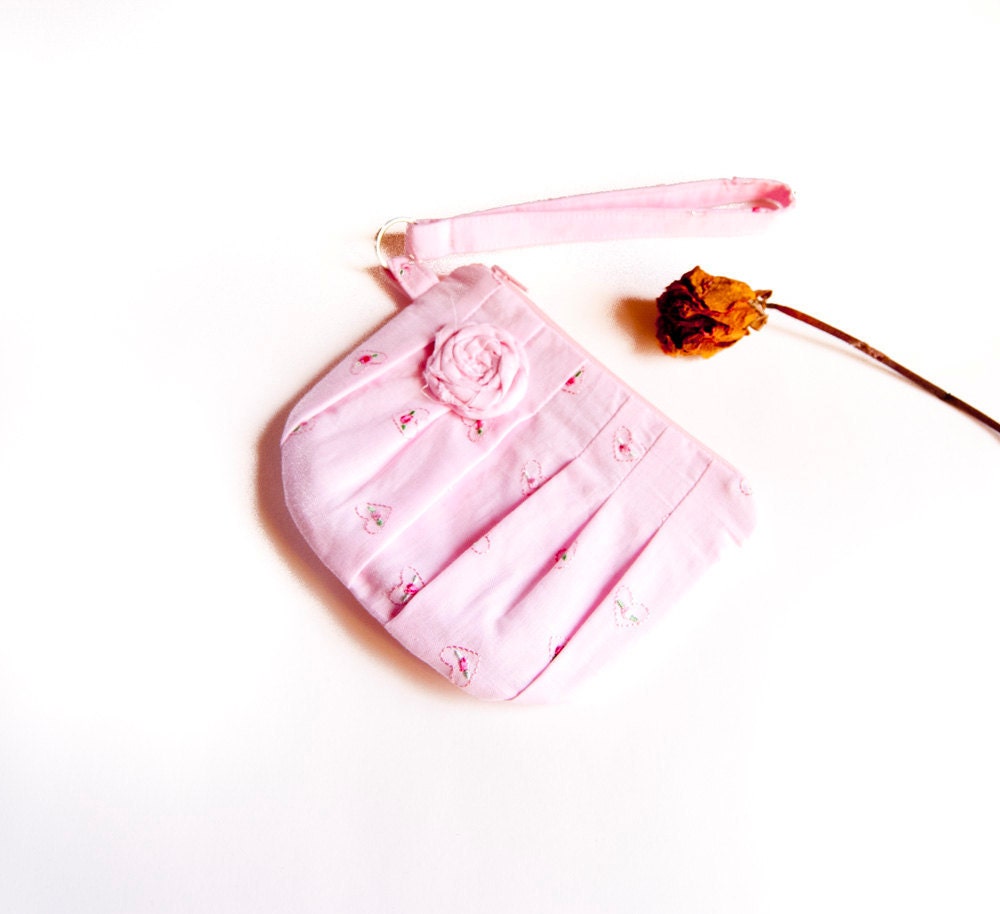Pleated Bridal Wedding Clutch, Wristlet, Pink Rosebud, Bridesmaid Clutch, Wristlet, Pouch, Purse  by Lolos