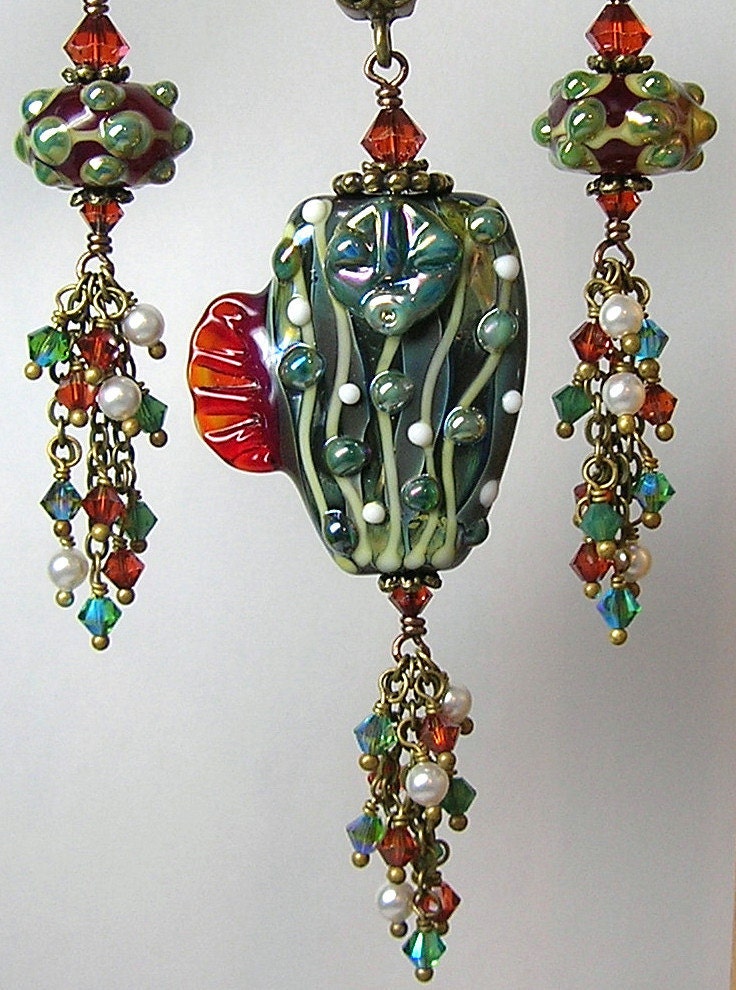 Glitterbug Originals DEEPSEA GaRDeN GoDDeSS Artisan Handcrafted Lampowork Glass Earrings and Pendant Necklace Set SRAJD