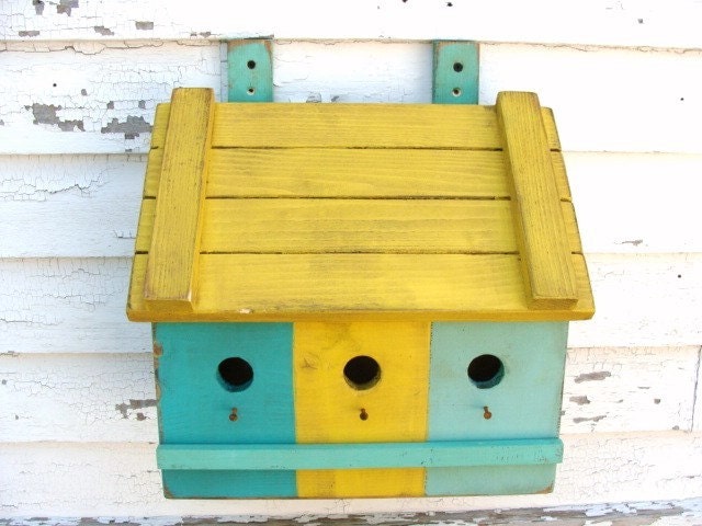 Storage Box Wall Hanging Organizer Mailbox Wall Decor Nursery Decor Yellow Aqua Teal Cottage Chic